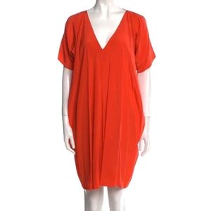 Vince Mandarin Orange Silk V-Neck Short Sleeve Cocoon Shift Dress